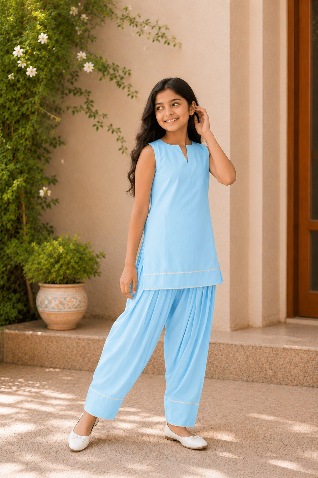 Girls Designer Solid Ethnic Two-Piece Set