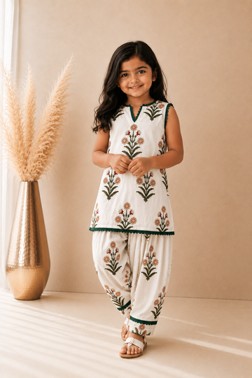 Girls White Blossom Kurta Outfit