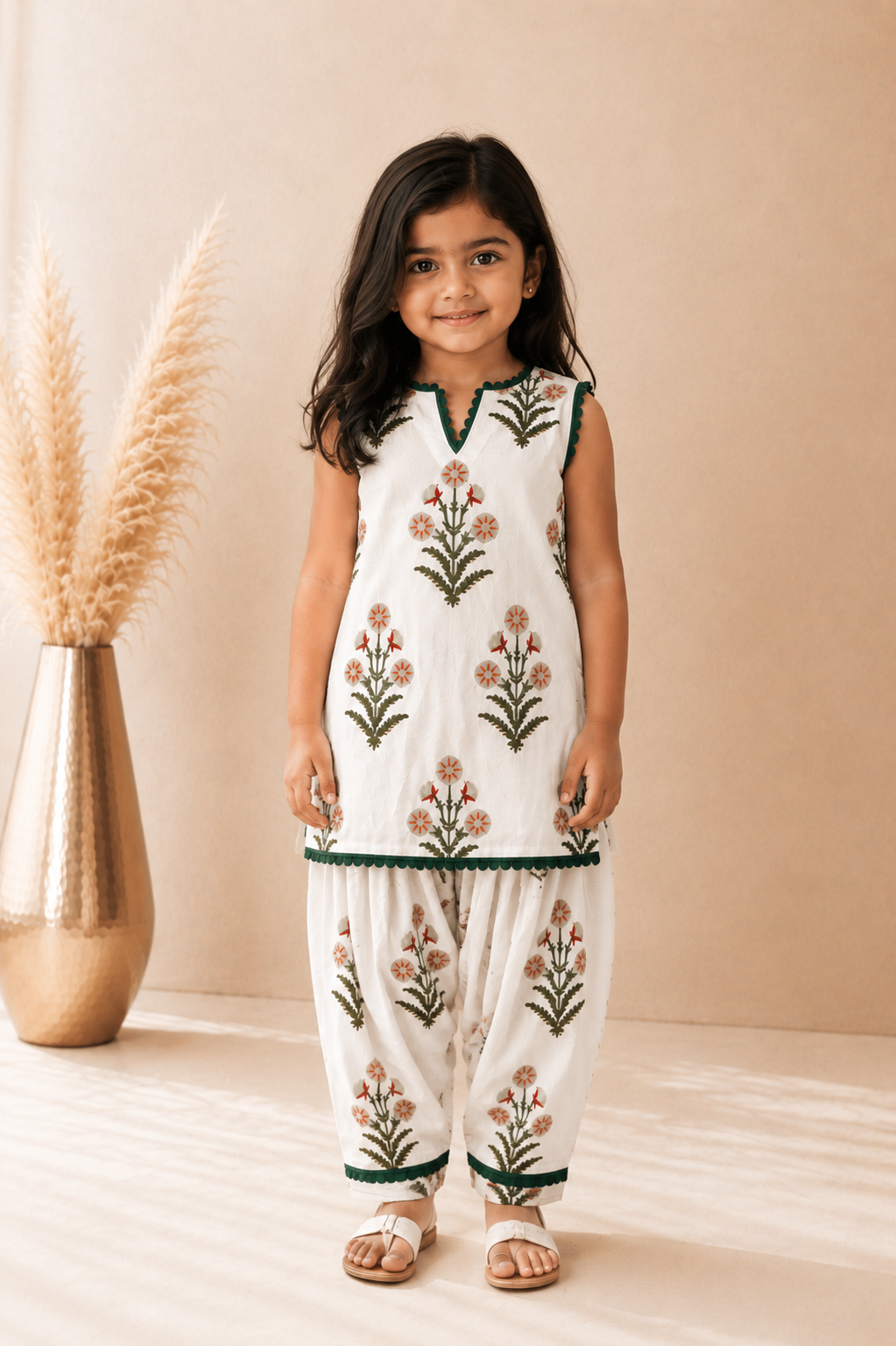 Girls White Blossom Kurta Outfit
