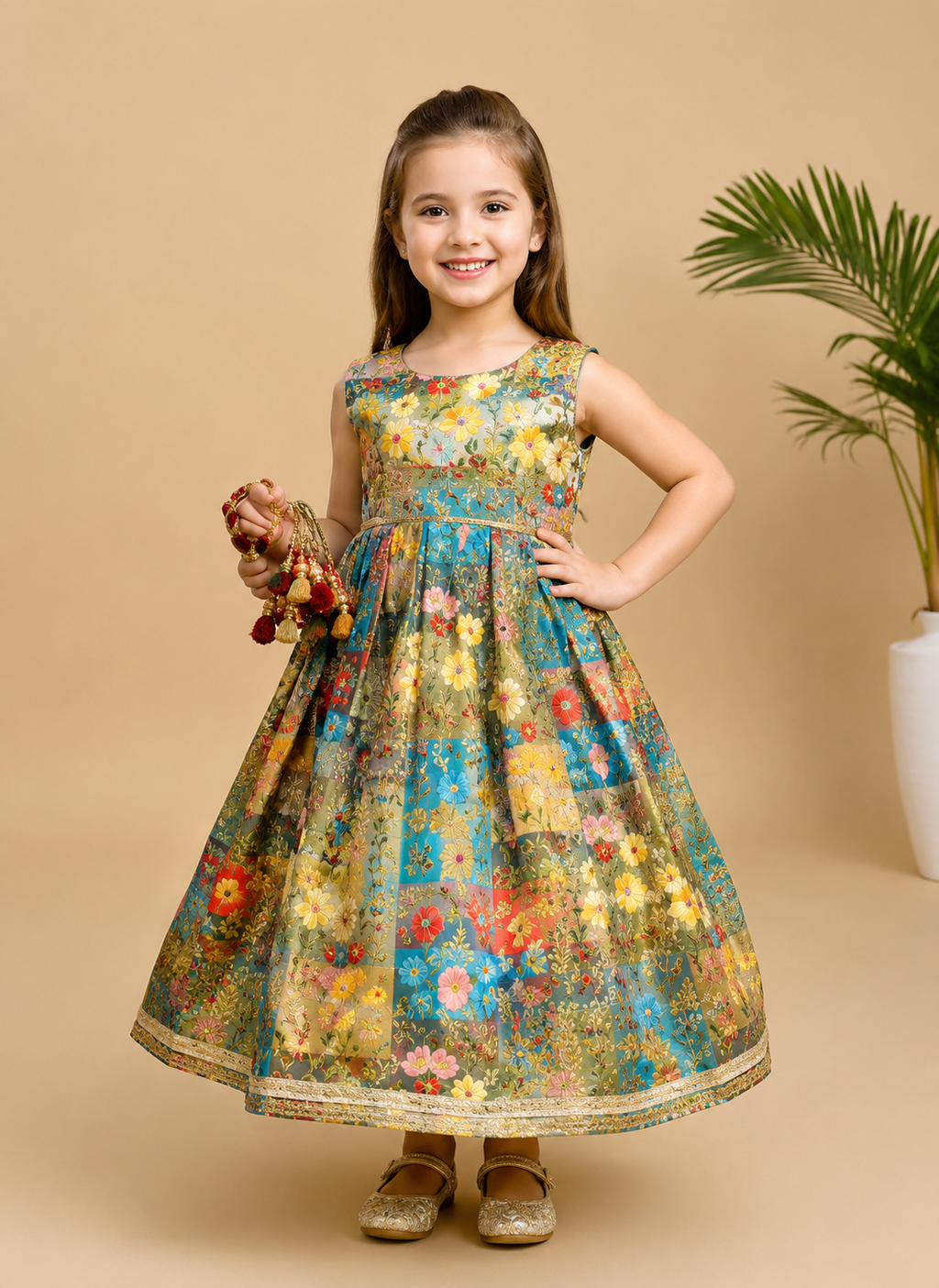 Royal Heritage Print Kids Party Wear Gown