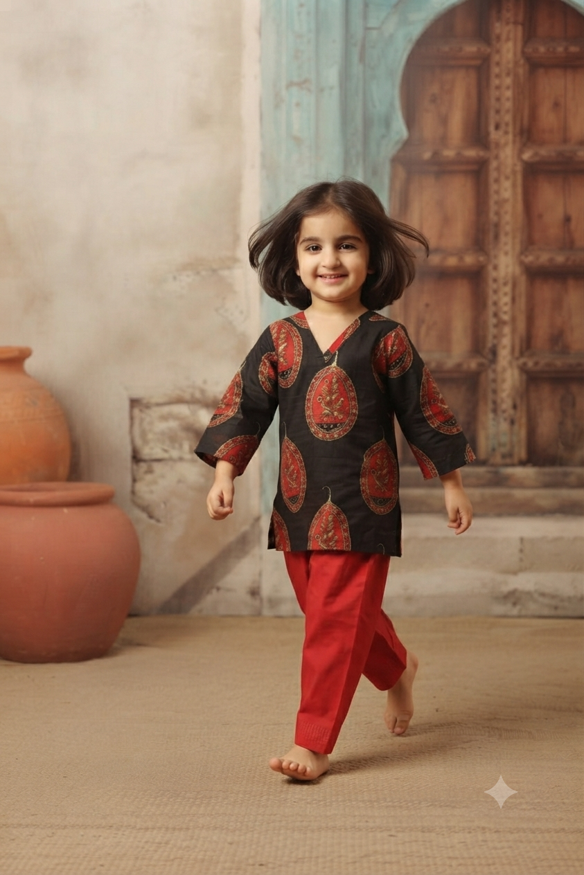 Kids Heritage Print Cotton Blend Ethnic Co-Ord Set