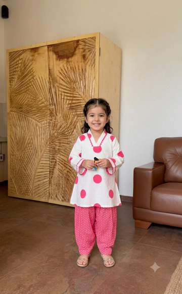 Girls Polka Dot Cotton Blend Ethnic Co-Ord Set